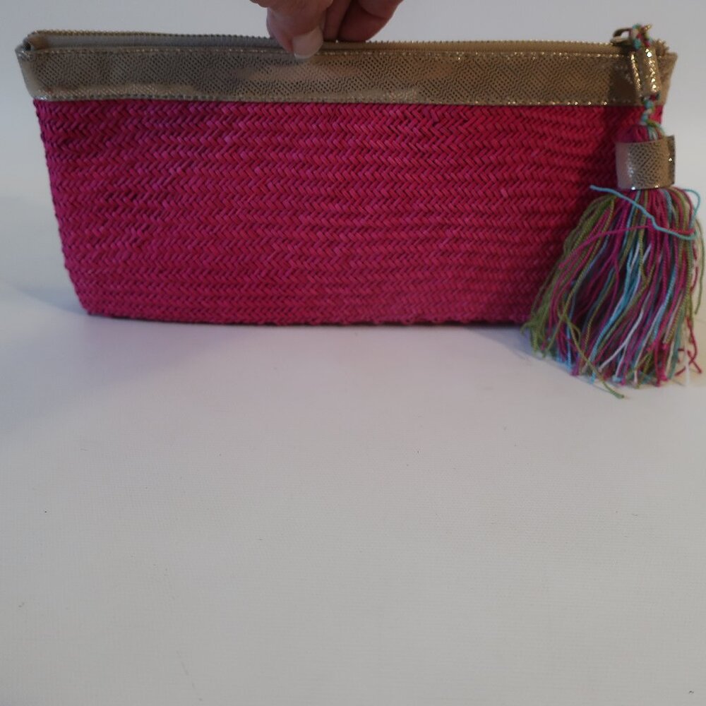 NWT Womens Teiruma Handcraft Pink Gold Woven Zip Carmen Clutch Bag * - Picture 4 of 10